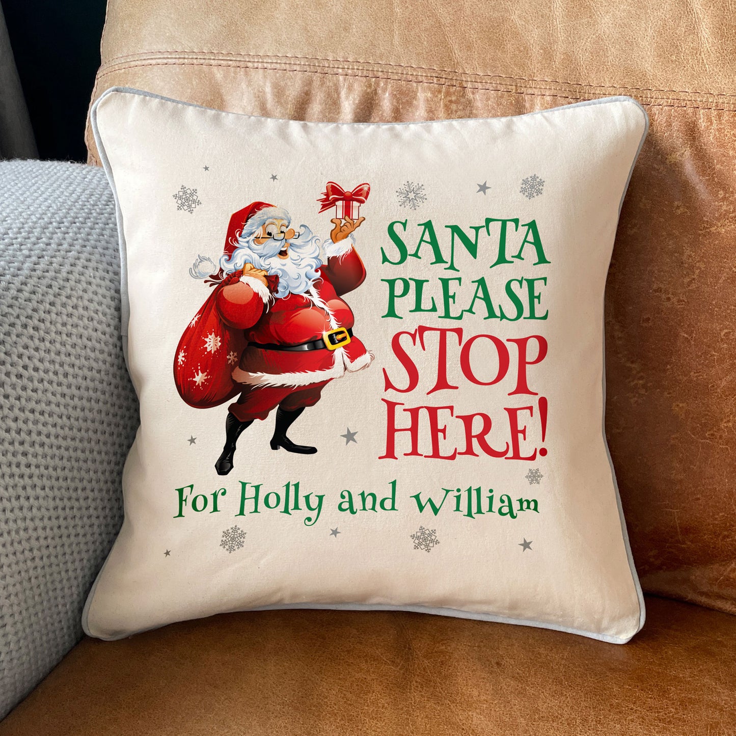 Personalised Cartoon Santa Stop Here Cotton Cushion