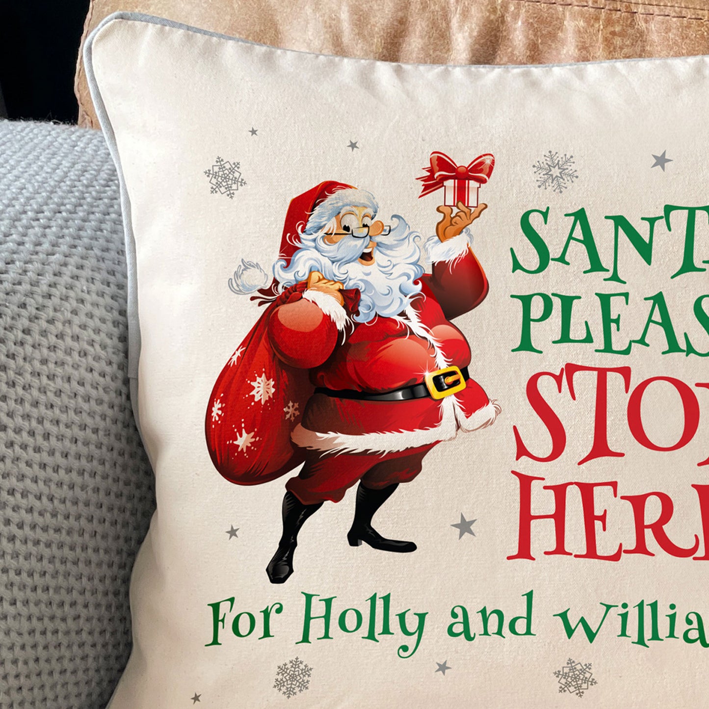 Personalised Cartoon Santa Stop Here Cotton Cushion