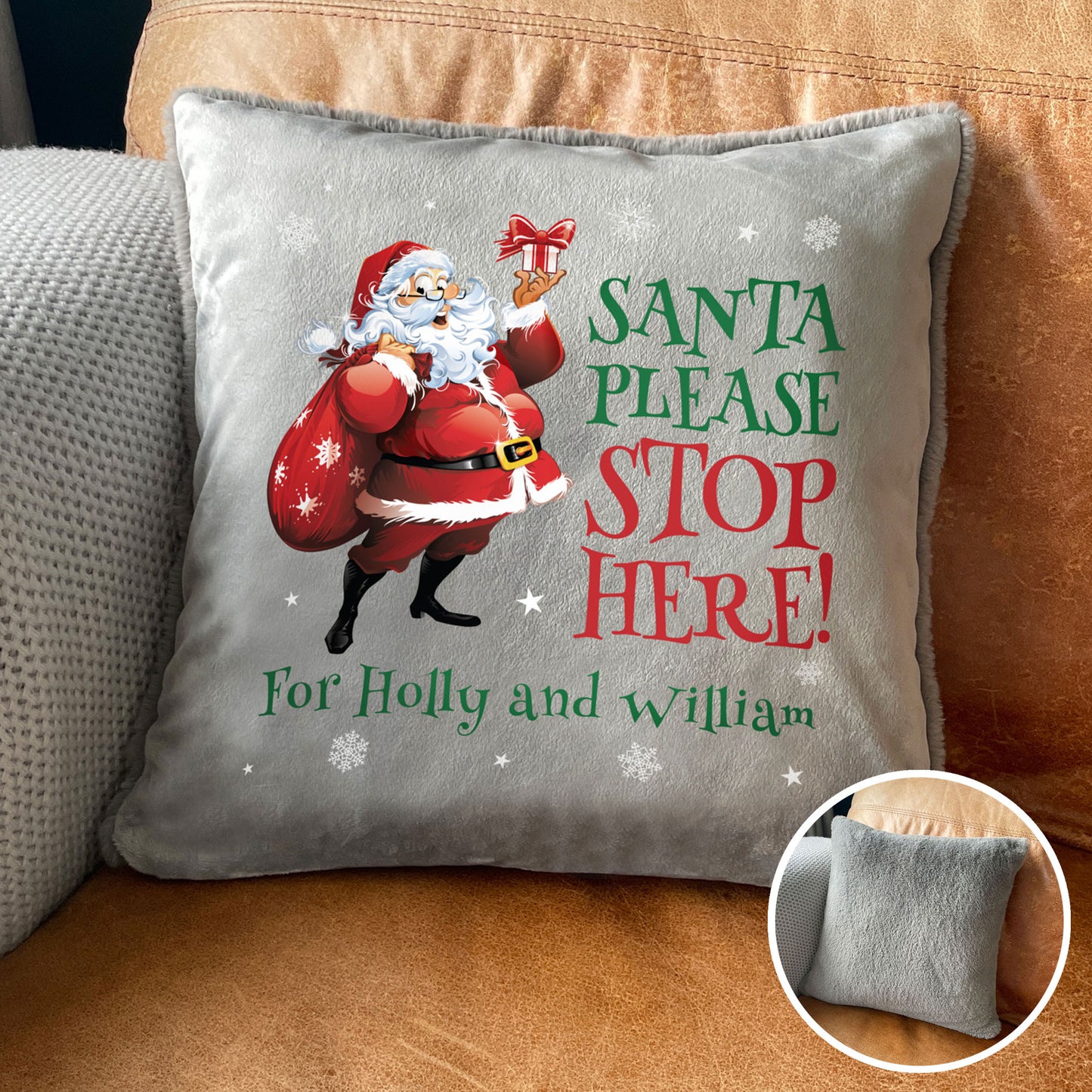 Personalised Cartoon Santa Stop Here Faux Fur Cuddle Cushion