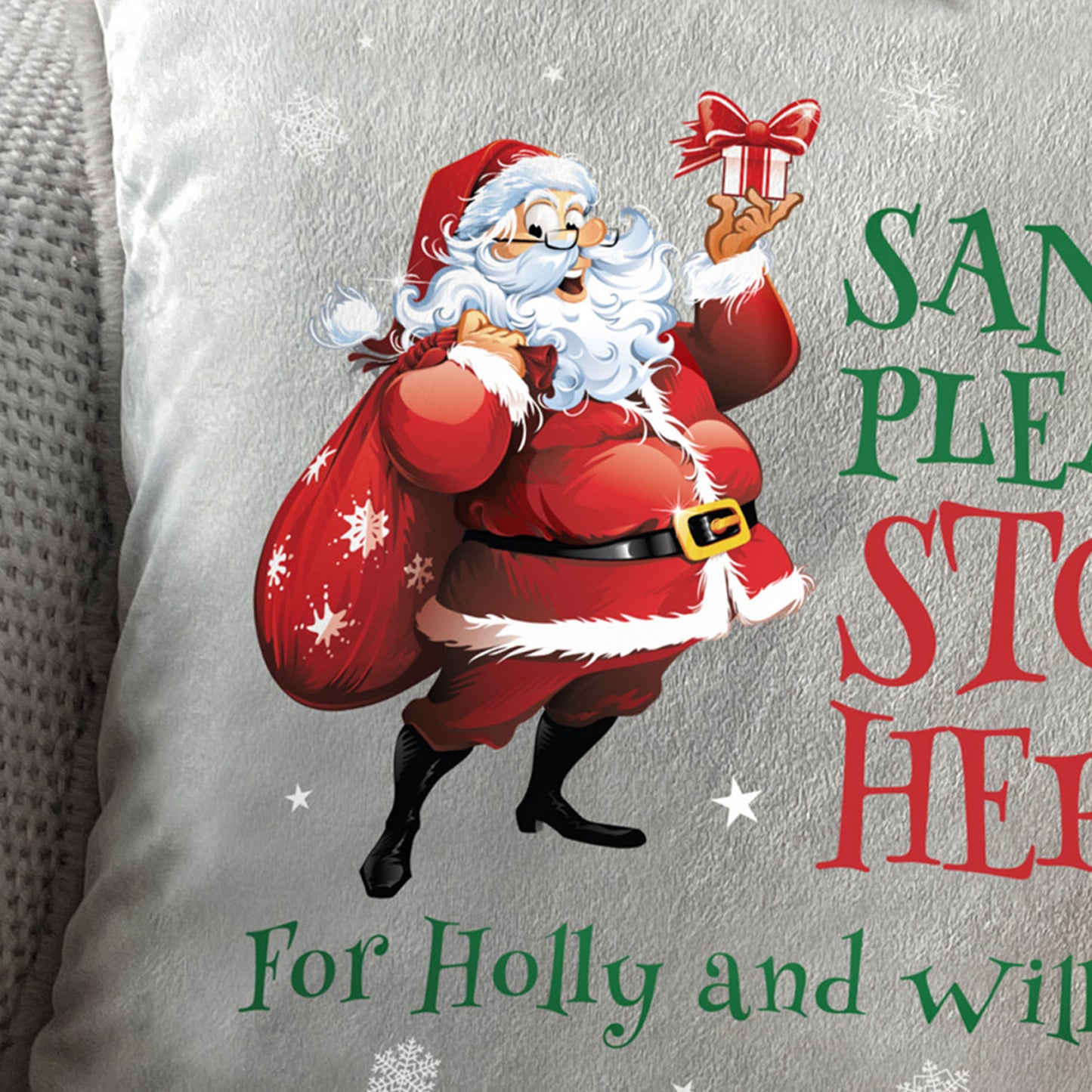 Personalised Cartoon Santa Stop Here Faux Fur Cuddle Cushion