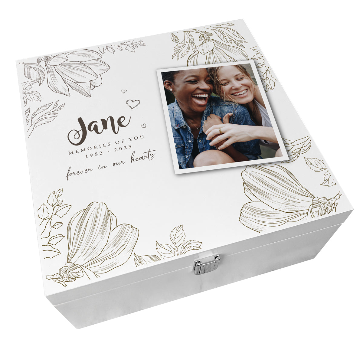 Personalised Luxury Square Floral White Wooden Memorial Photo Memory Box - 2 Sizes