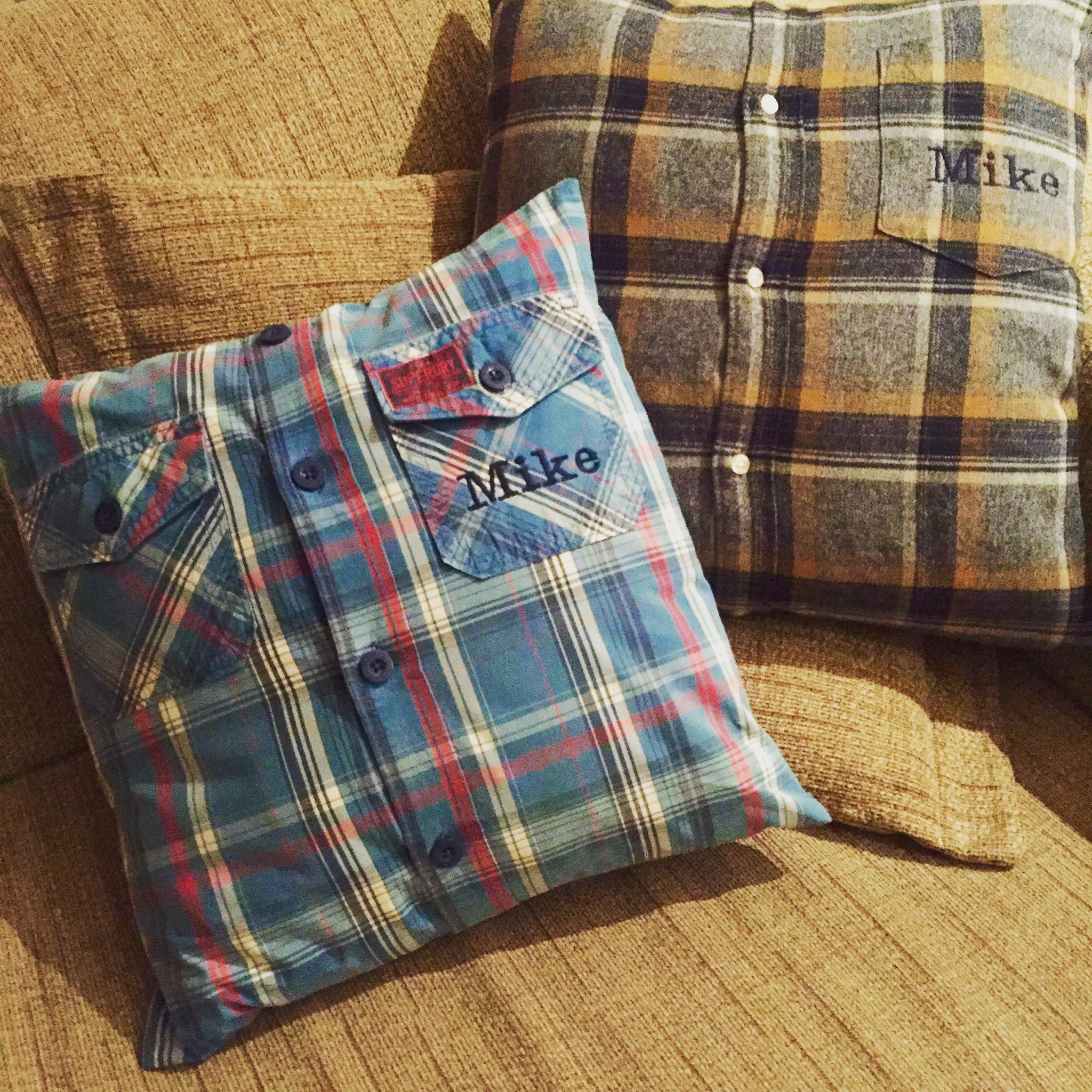 Pillow made outlet from dad's shirt