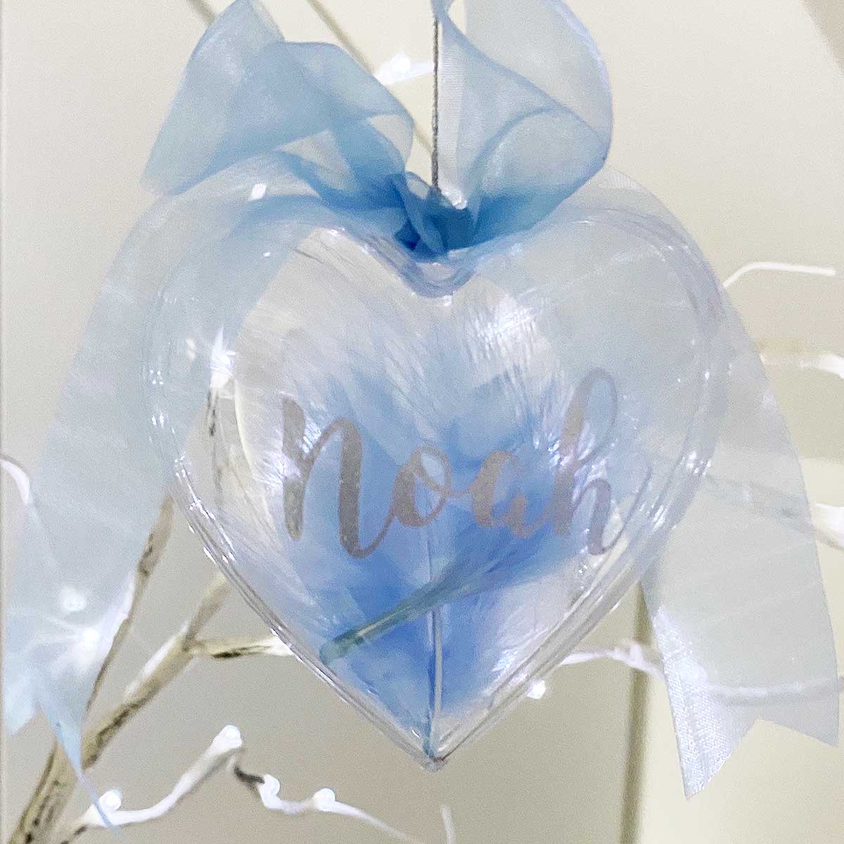 Personalised Blue Feather Filled Glass Heart Bauble