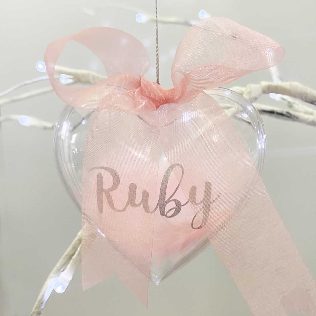 Personalised Pink Feather Filled Glass Heart Bauble